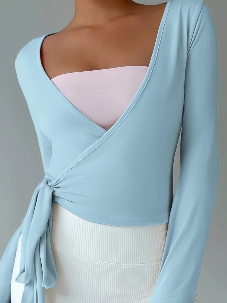 Long-Sleeve Ballet Wrap Top with Side-Tie Waist - Blue - 5