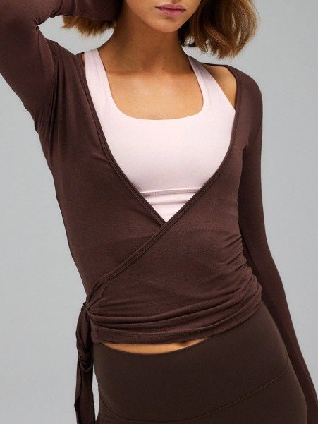 Long-Sleeve Ballet Wrap Top with Side-Tie Waist - Coffee