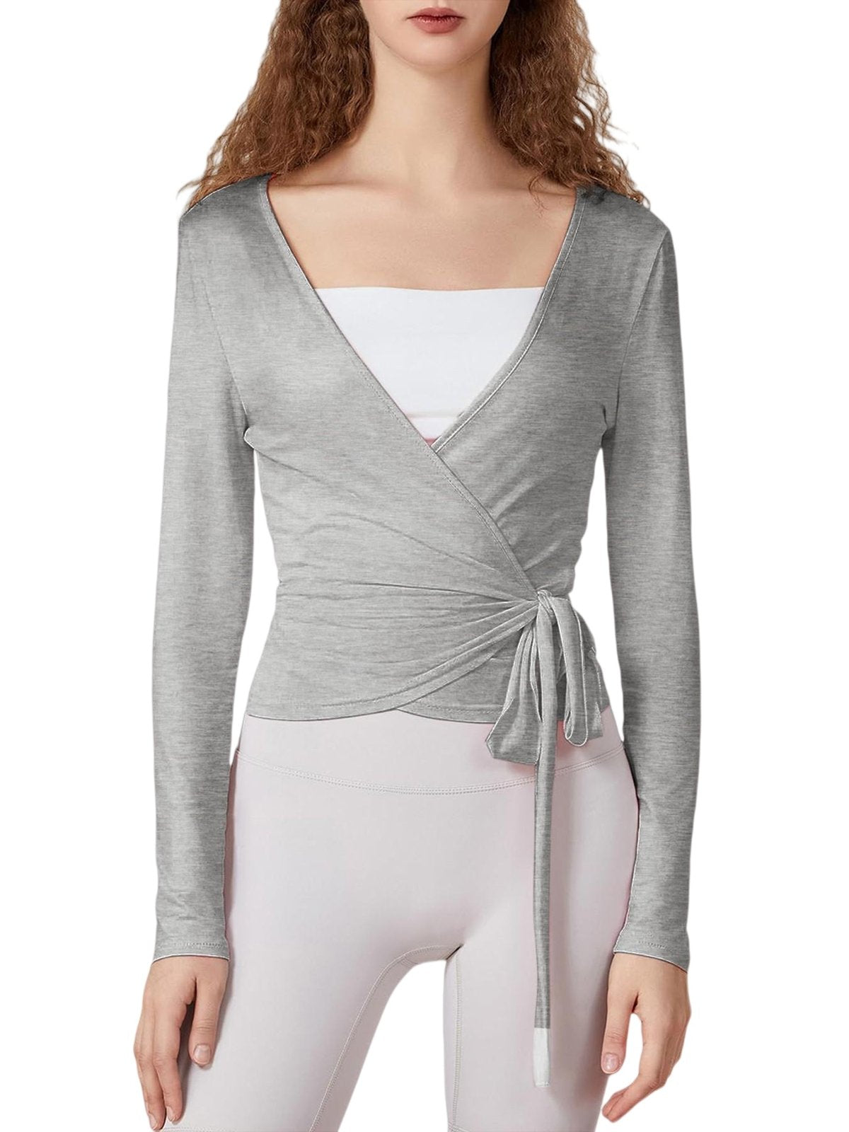 Long-Sleeve Ballet Wrap Top with Side-Tie Waist - Grey