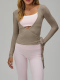 Long-Sleeve Ballet Wrap Top with Side-Tie Waist - Khaki