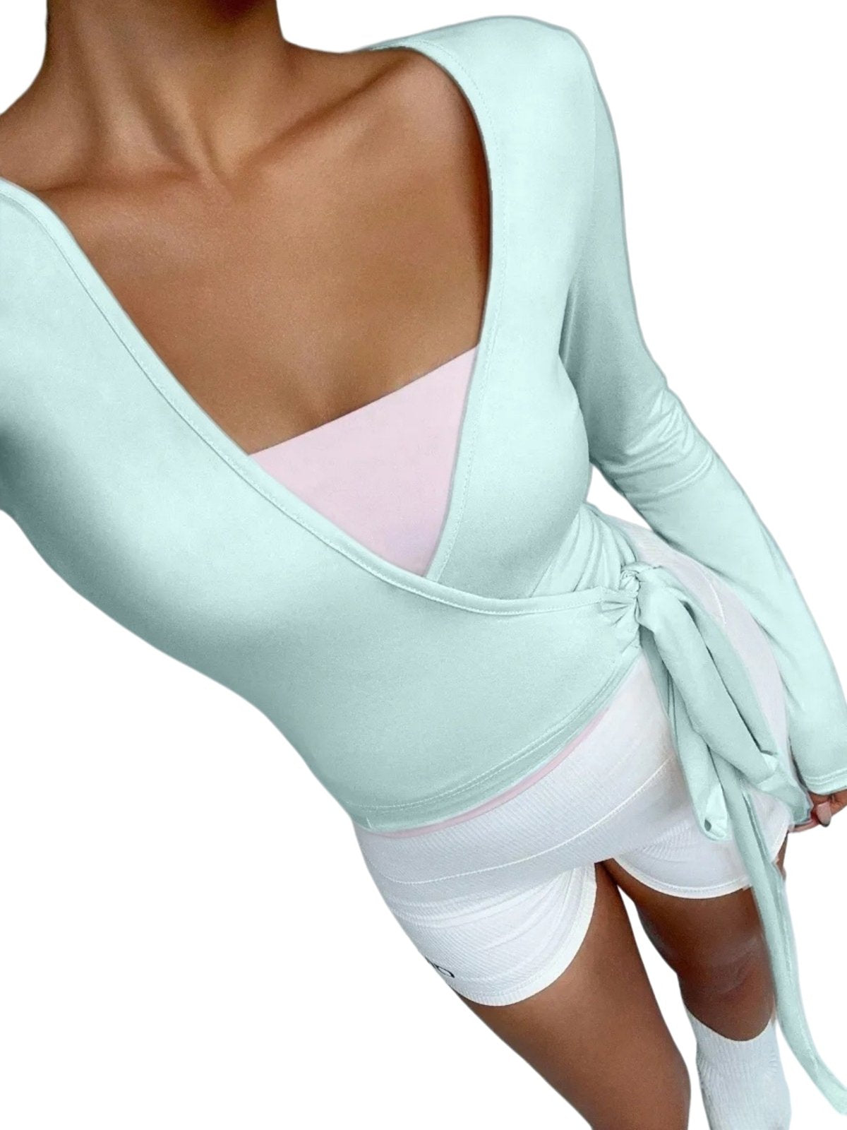 Long-Sleeve Ballet Wrap Top with Side-Tie Waist - Light Blue - 2