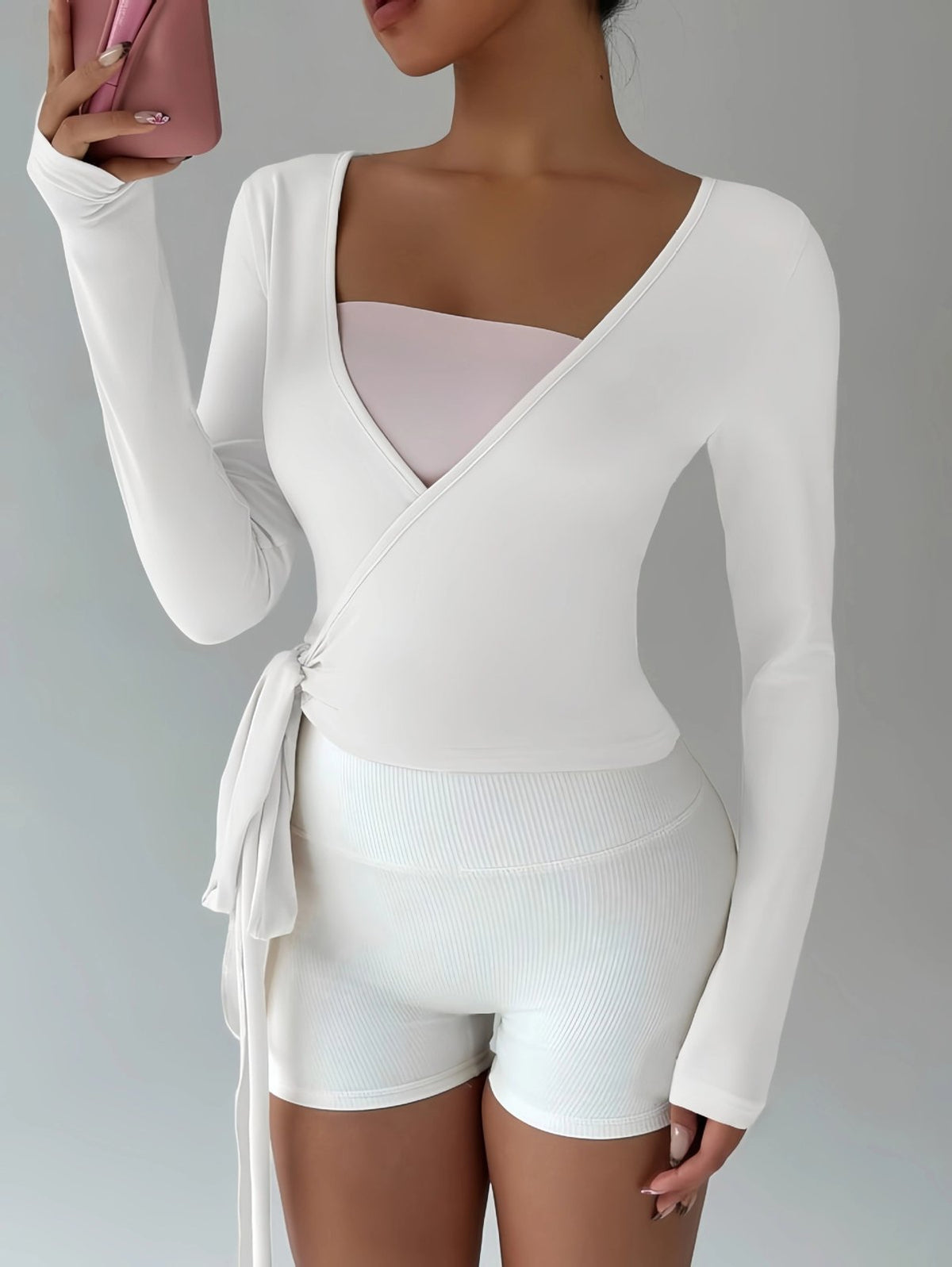 Long-Sleeve Ballet Wrap Top with Side-Tie Waist - White