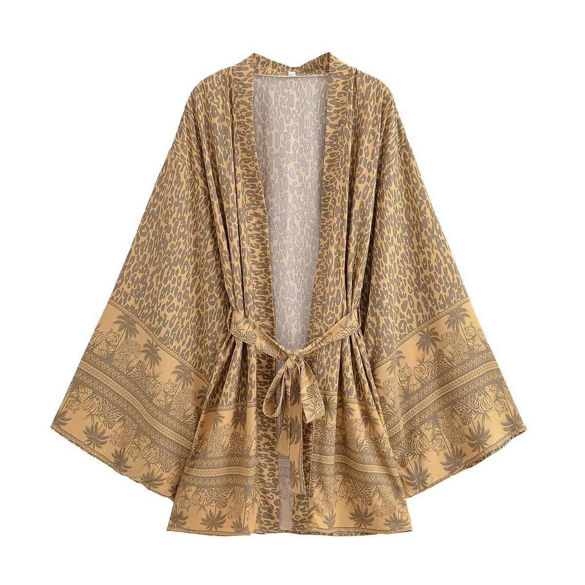 Leopard Palm Print Belted Boho Kimono - Khaki