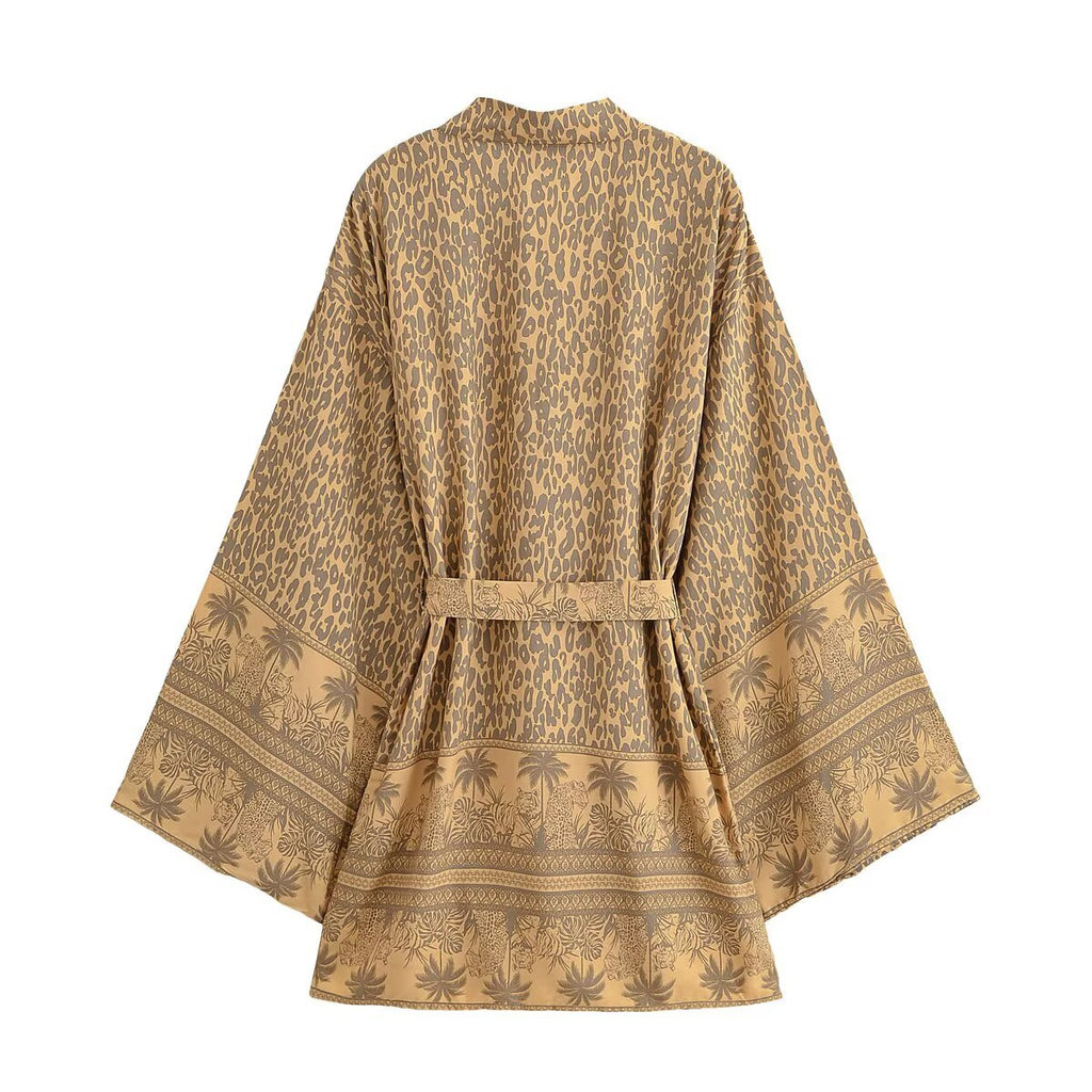 Leopard Palm Print Belted Boho Kimono - Khaki - 1