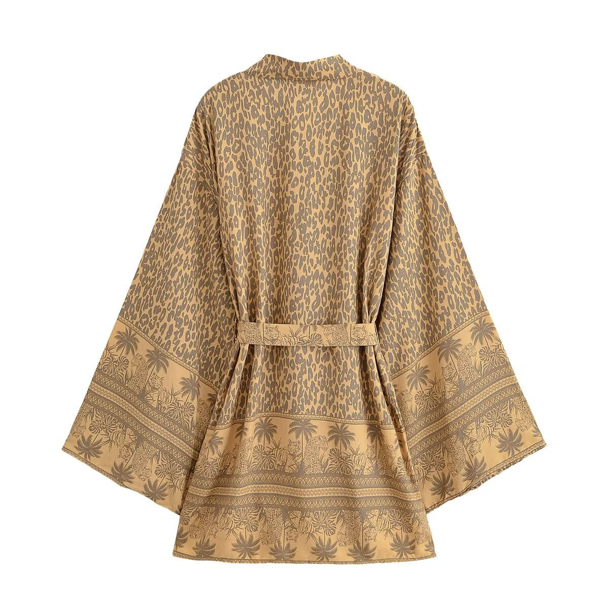 Leopard Palm Print Belted Boho Kimono - Khaki - 1