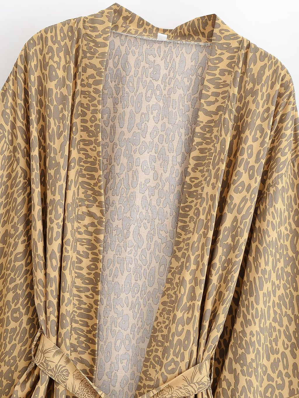 Leopard Palm Print Belted Boho Kimono - Khaki - 2