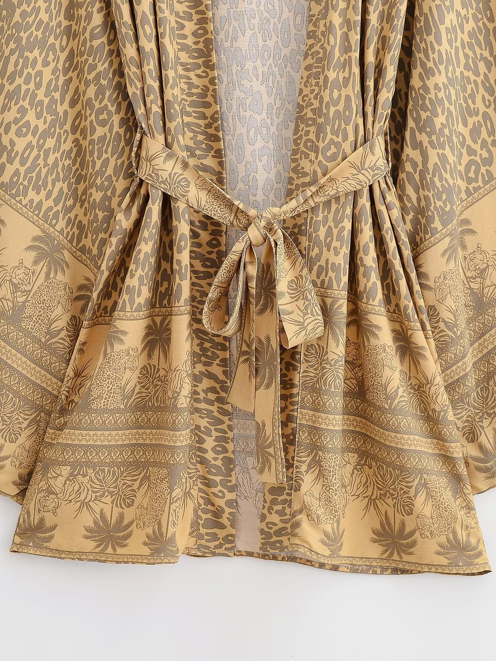 Leopard Palm Print Belted Boho Kimono - Khaki - 3
