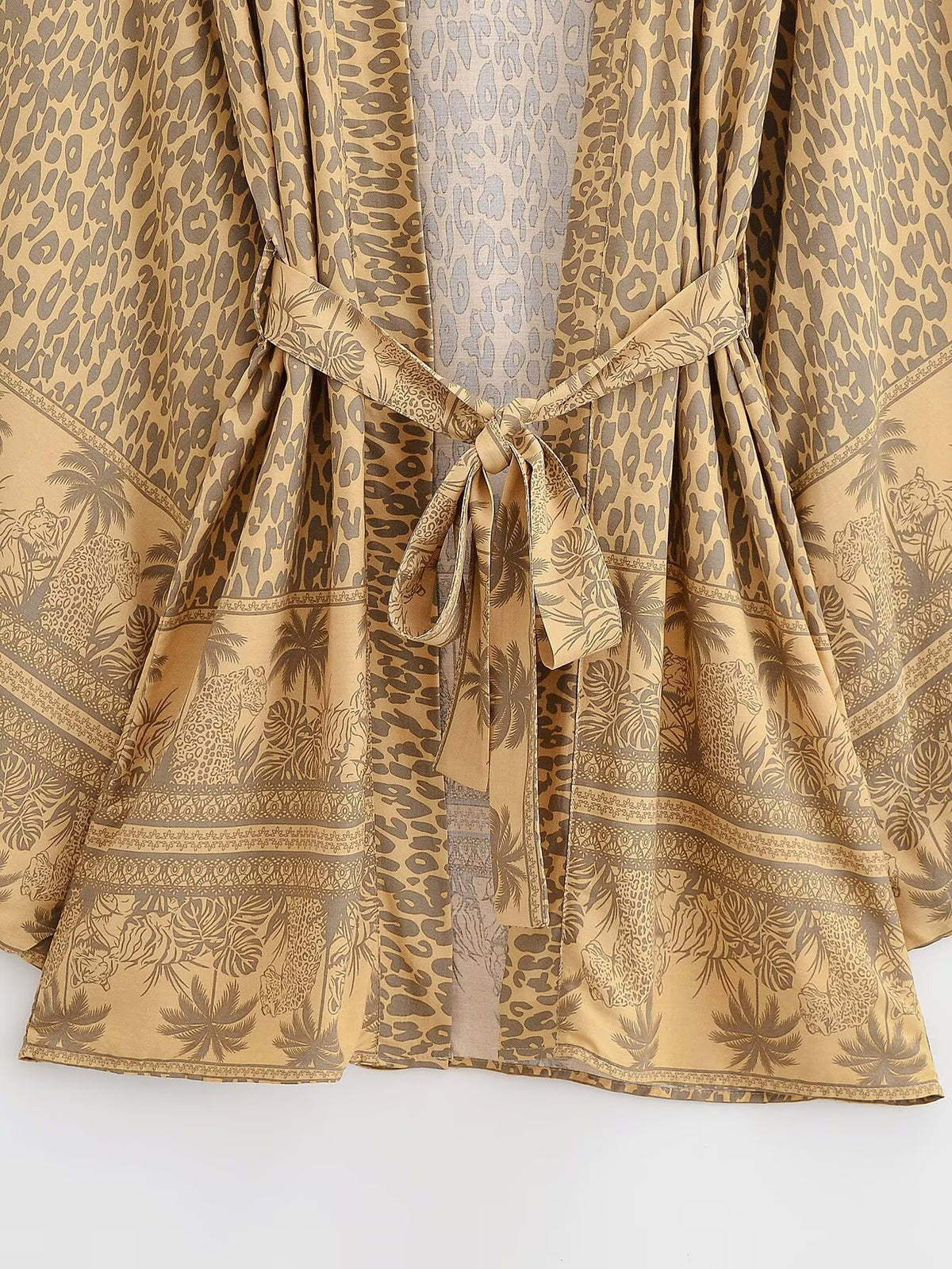 Leopard Palm Print Belted Boho Kimono - Khaki - 3