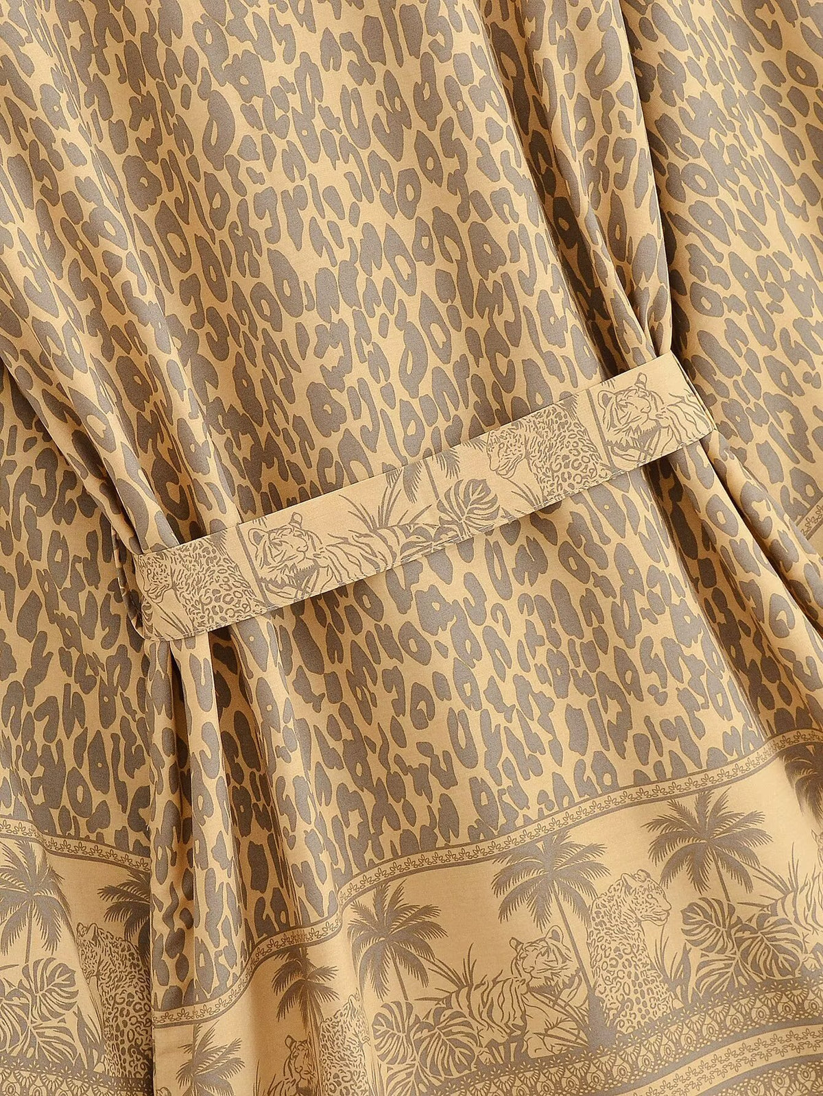 Leopard Palm Print Belted Boho Kimono - Khaki - 4