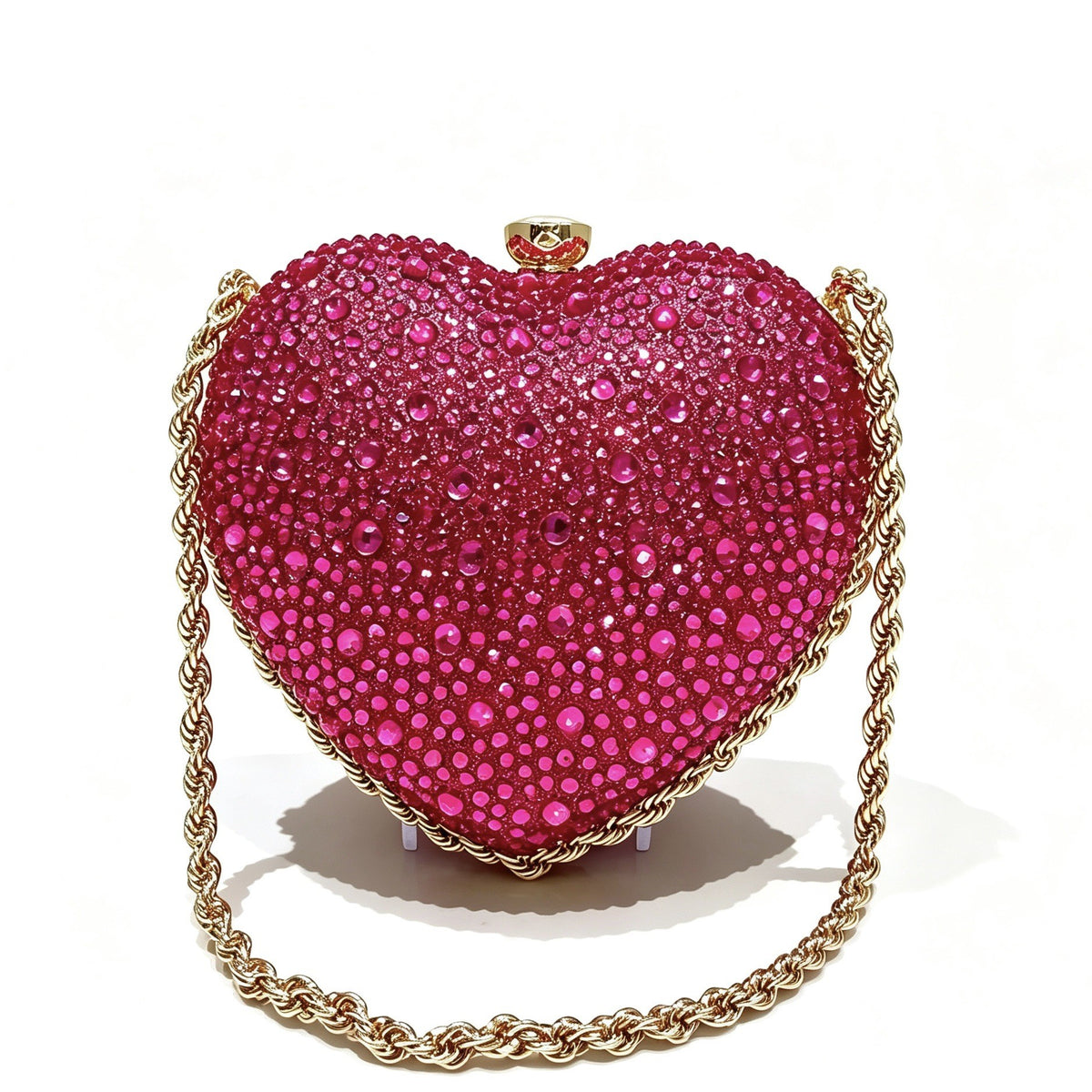 Crystal Heart Evening Bag with Chain Strap - Fuchsia