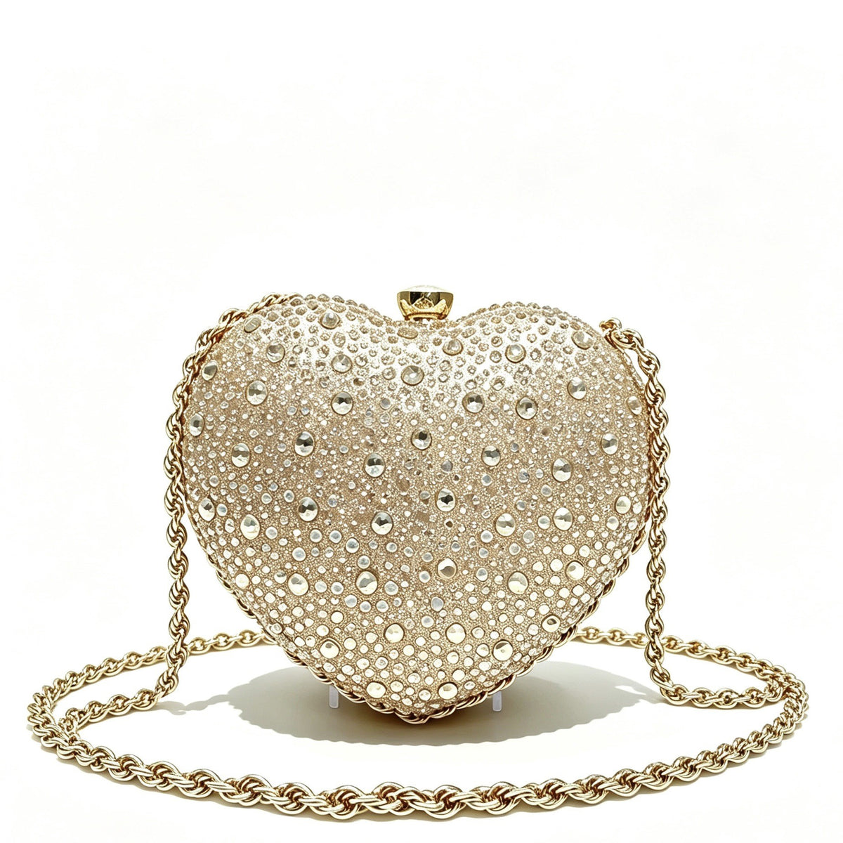 Crystal Heart Evening Bag with Chain Strap - Gold
