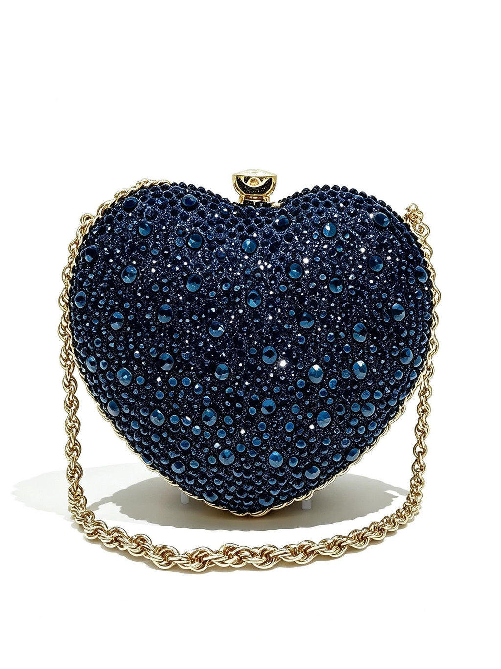 Crystal Heart Evening Bag with Chain Strap - Navy