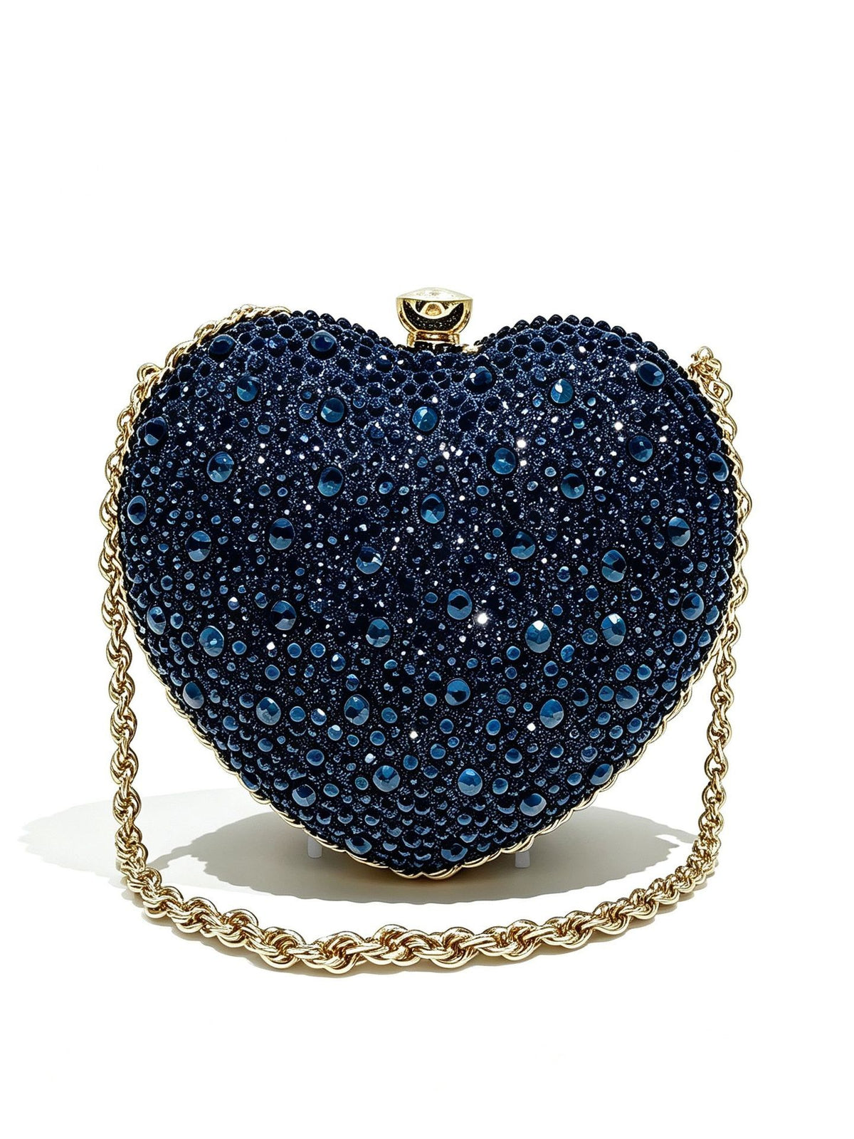 Crystal Heart Evening Bag with Chain Strap - Navy
