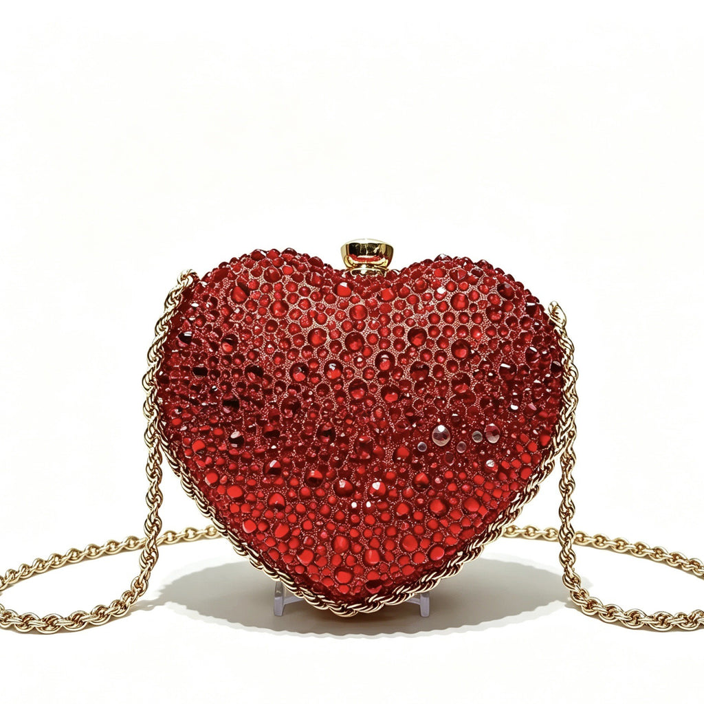 Crystal Heart Evening Bag with Chain Strap - Red