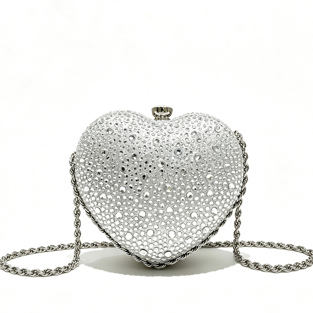 Crystal Heart Evening Bag with Chain Strap - Silver