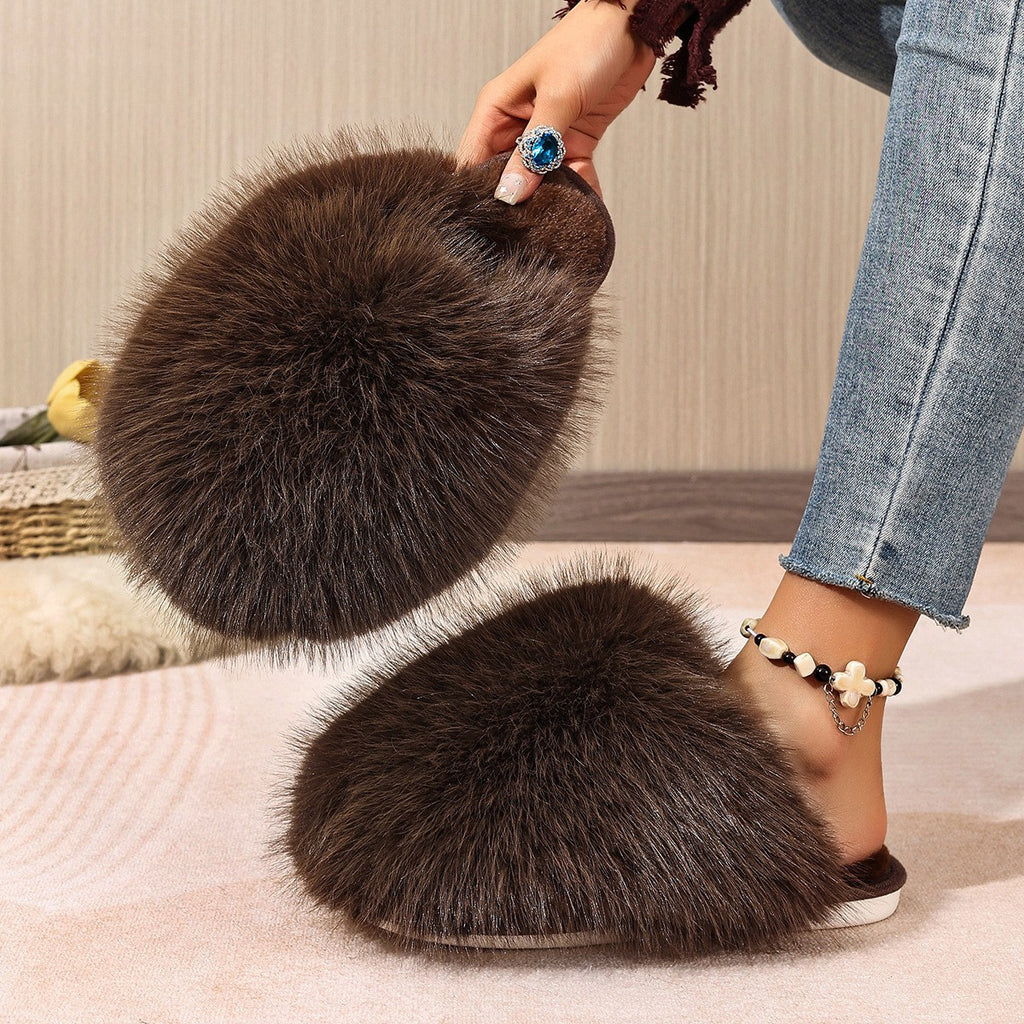 Oversized Plush Faux Fur Slip-On Slippers - Brown