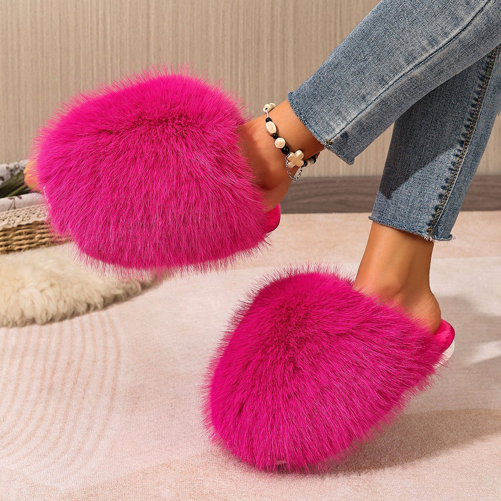 Oversized Plush Faux Fur Slip-On Slippers - Hot Pink