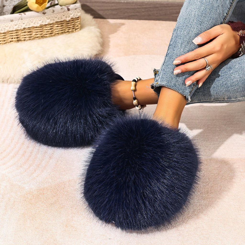 Oversized Plush Faux Fur Slip-On Slippers - Navy