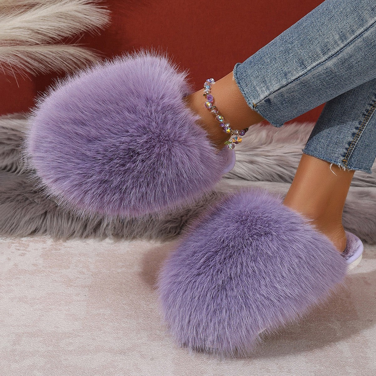 Oversized Plush Faux Fur Slip-On Slippers