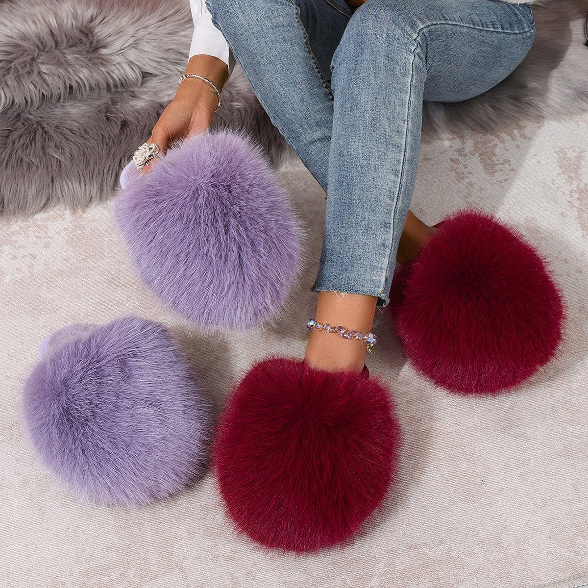 Oversized Plush Faux Fur Slip-On Slippers