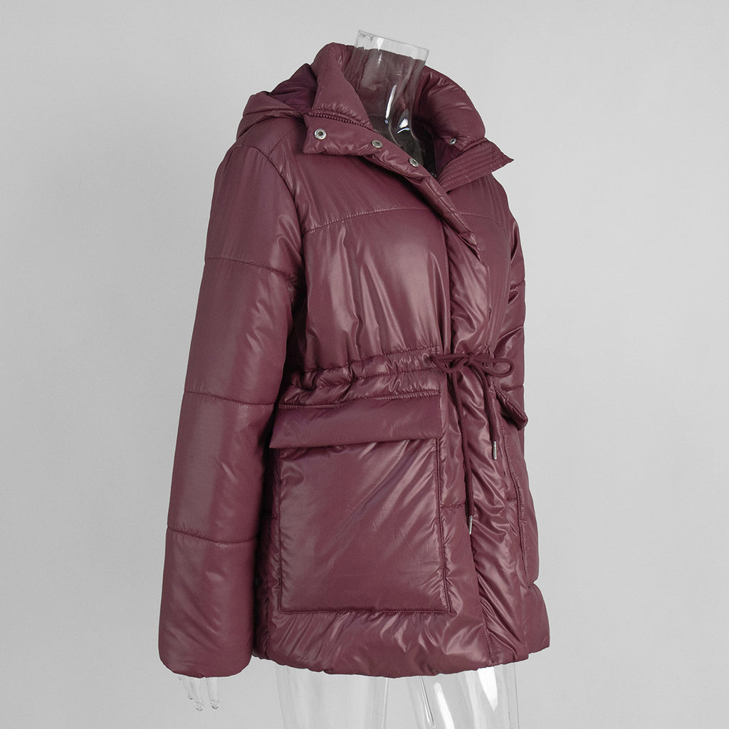 Hooded Patch Pocket Padded Puffer Jacket - Winered - 1