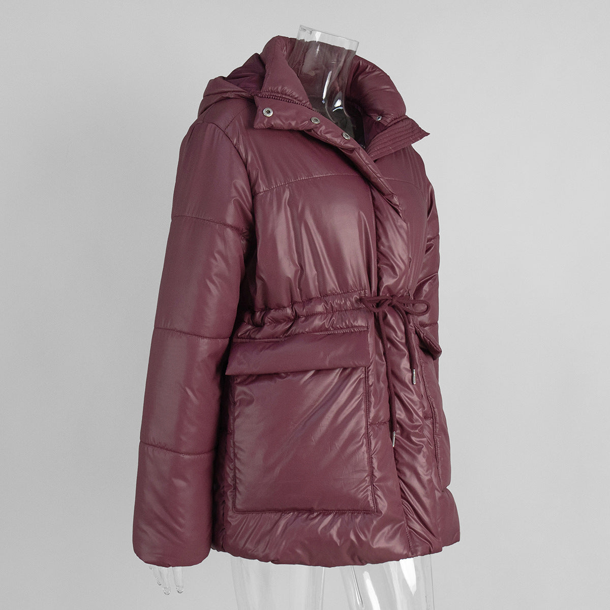 Hooded Patch Pocket Padded Puffer Jacket - Winered - 1