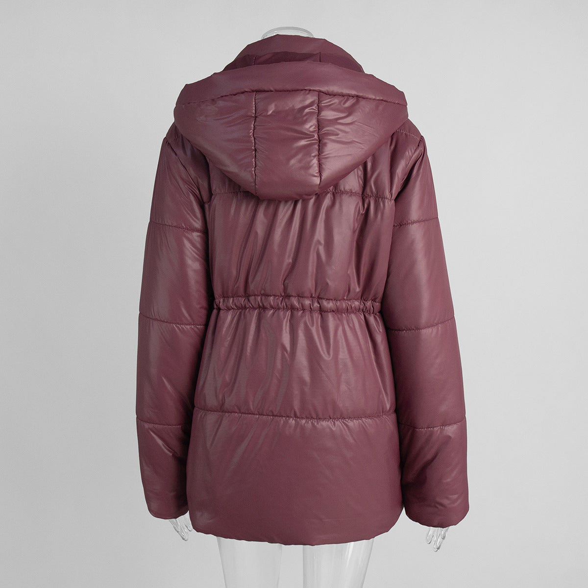 Hooded Patch Pocket Padded Puffer Jacket - Winered - 2