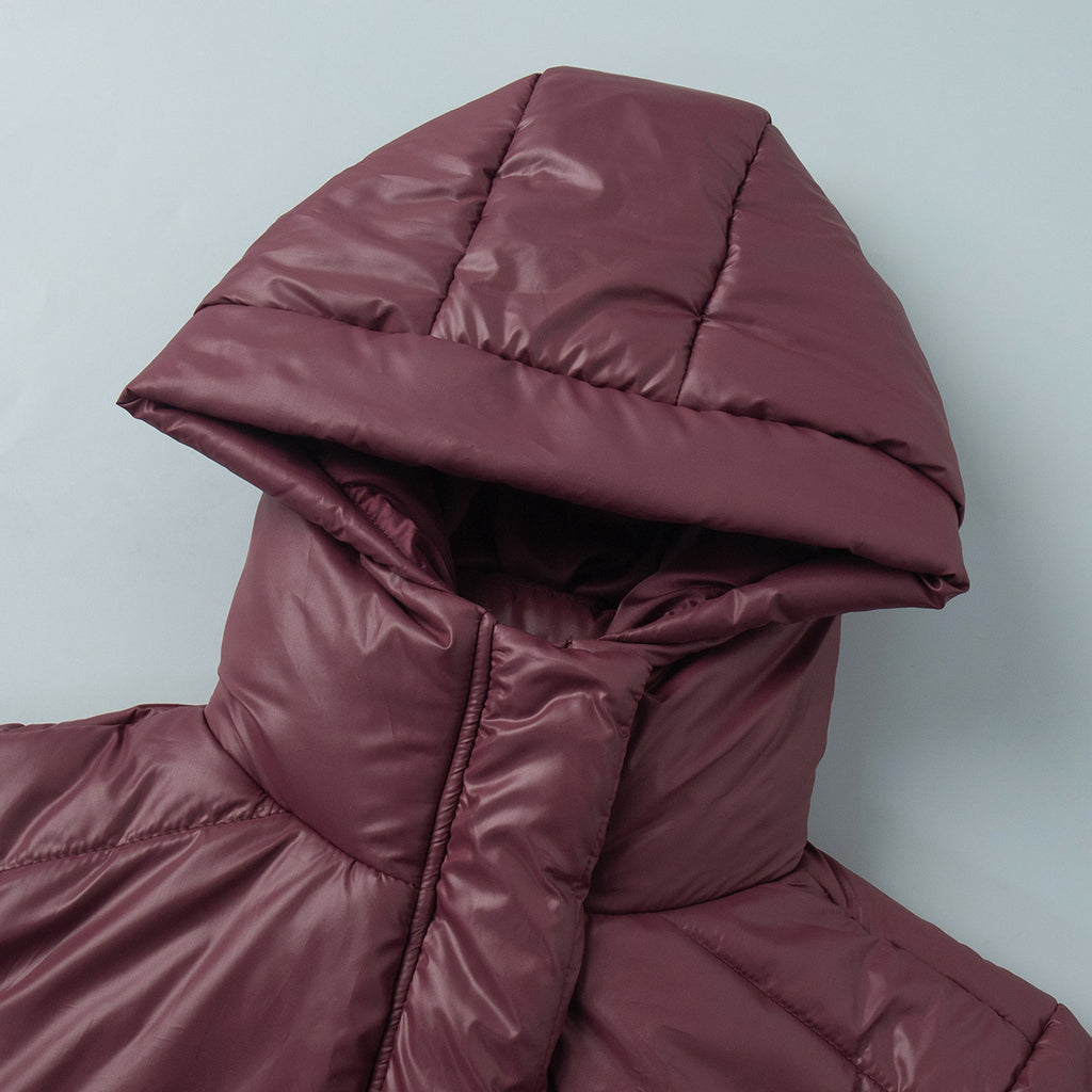 Hooded Patch Pocket Padded Puffer Jacket - Winered - 3