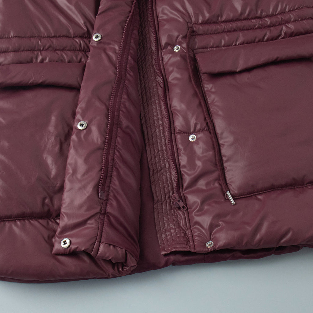 Hooded Patch Pocket Padded Puffer Jacket - Winered - 5