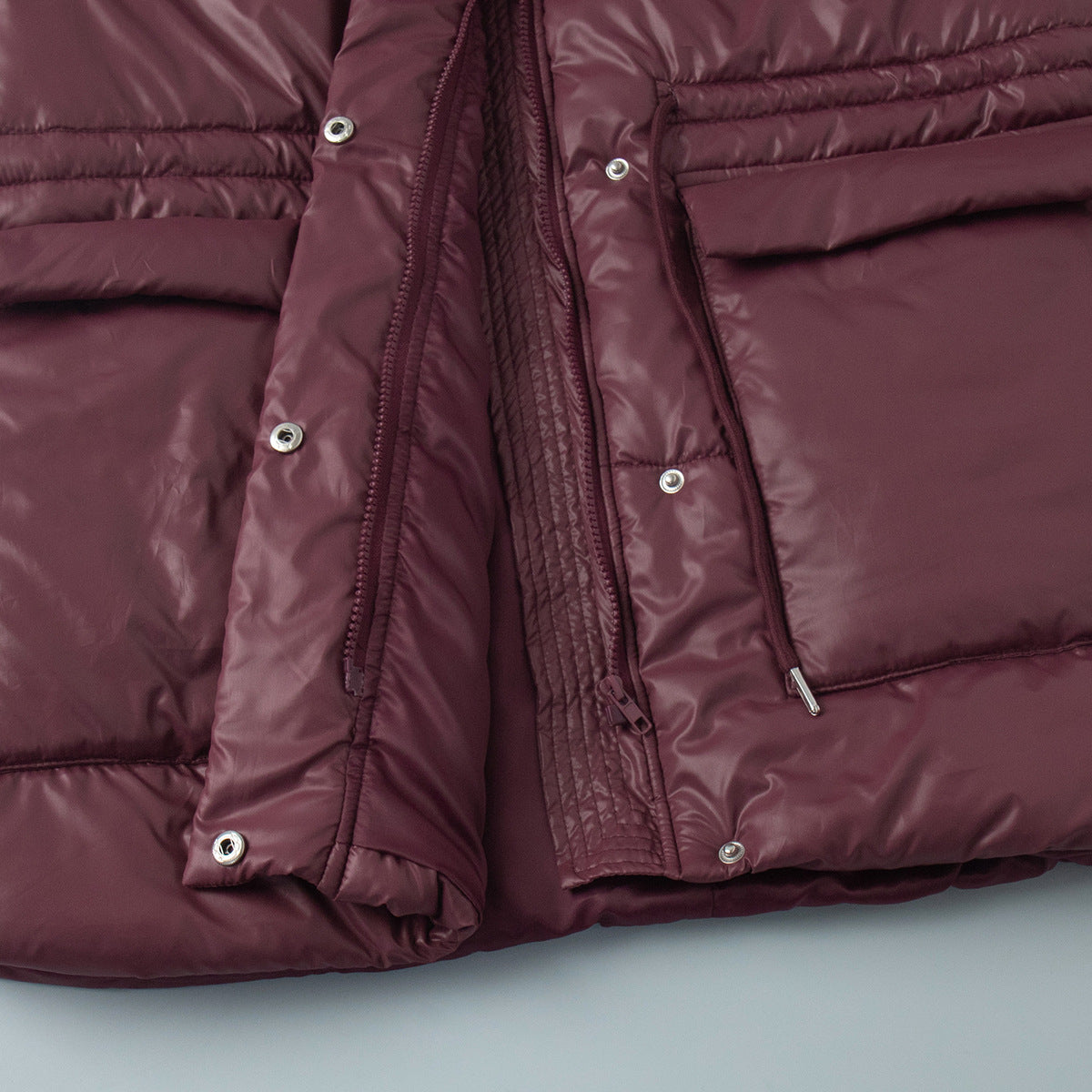 Hooded Patch Pocket Padded Puffer Jacket - Winered - 5
