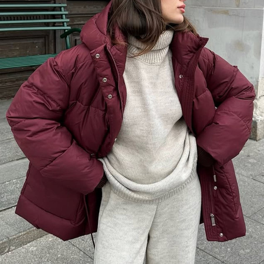 Hooded Patch Pocket Padded Puffer Jacket - Winered - 6