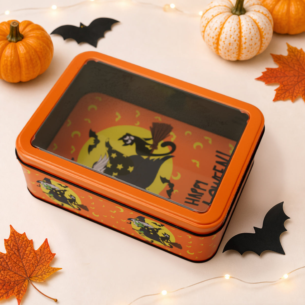 Halloween Decor Tin Box With Clear Window Lid - C1