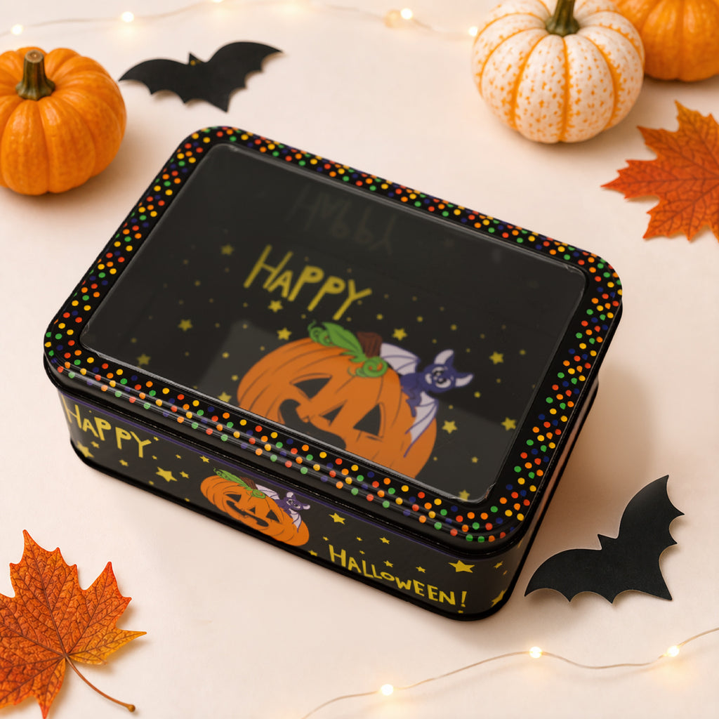 Halloween Decor Tin Box With Clear Window Lid - C3