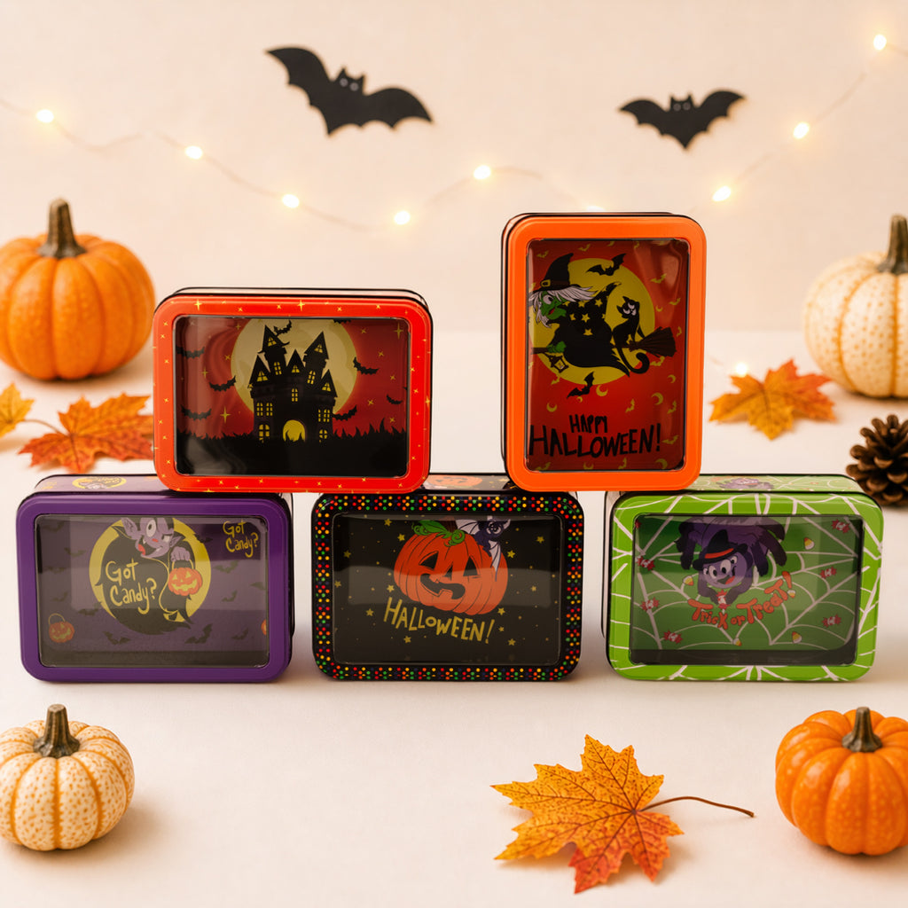 Halloween Decor Tin Box With Clear Window Lid