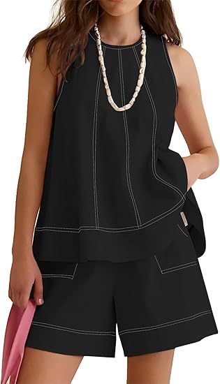 Linen Blend Contrast Stitch Lounge Set - Black