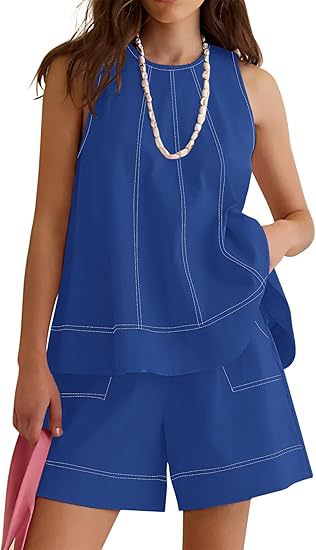 Linen Blend Contrast Stitch Lounge Set - Blue