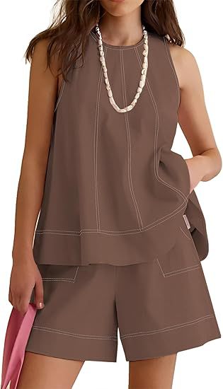 Linen Blend Contrast Stitch Lounge Set - Brown