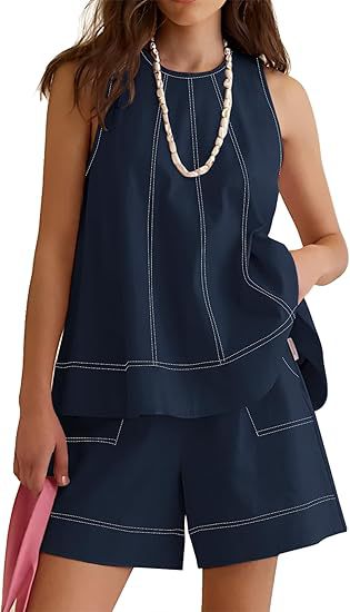 Linen Blend Contrast Stitch Lounge Set - Navy