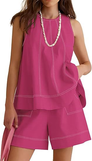 Linen Blend Contrast Stitch Lounge Set - Rose