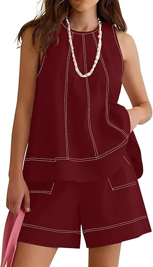 Linen Blend Contrast Stitch Lounge Set - WineRed