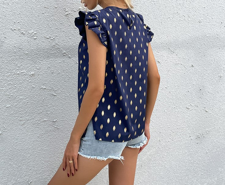 Metallic Dot Print Ruffle Sleeve Blouse - Dark blue - 1