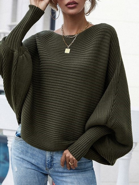 Boat Neck Batwing Sleeve Ribbed Cropped Sweater - Green - 1