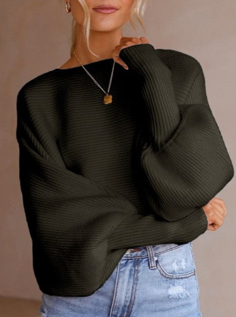 Boat Neck Batwing Sleeve Ribbed Cropped Sweater - Green - 2