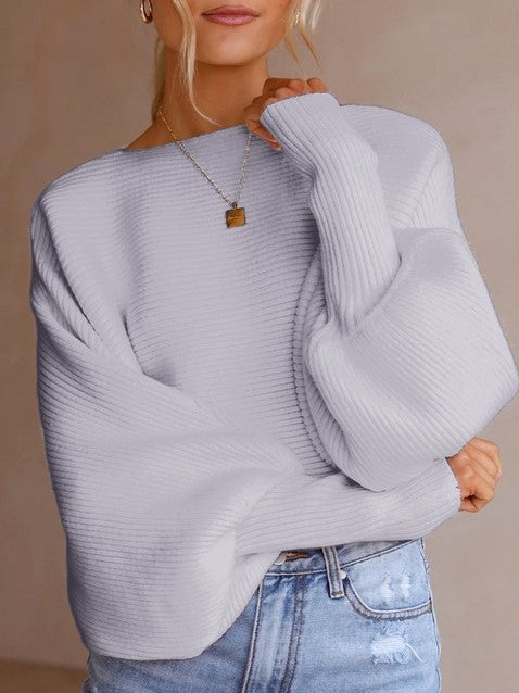 Boat Neck Batwing Sleeve Ribbed Cropped Sweater - Purple