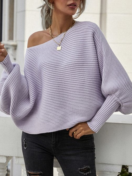 Boat Neck Batwing Sleeve Ribbed Cropped Sweater - view 1