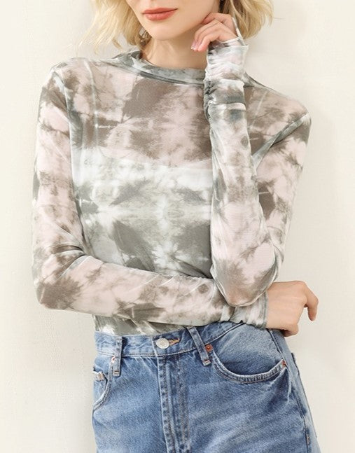 Sheer Mesh Tie Dye Mock Neck Top - Green