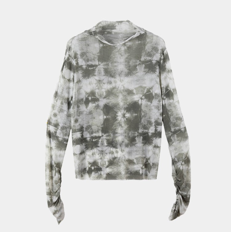 Sheer Mesh Tie Dye Mock Neck Top - Green - 1