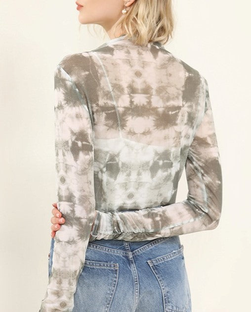Sheer Mesh Tie Dye Mock Neck Top - Green - 3