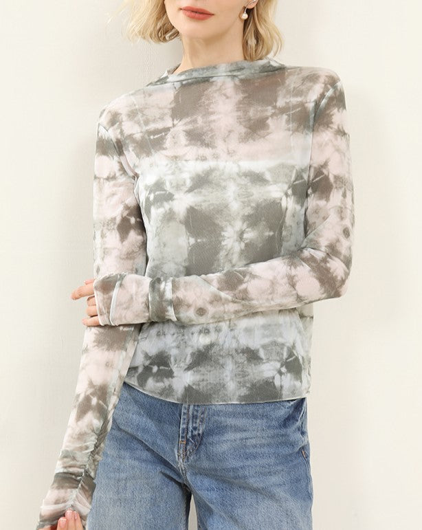 Sheer Mesh Tie Dye Mock Neck Top - Green - 6