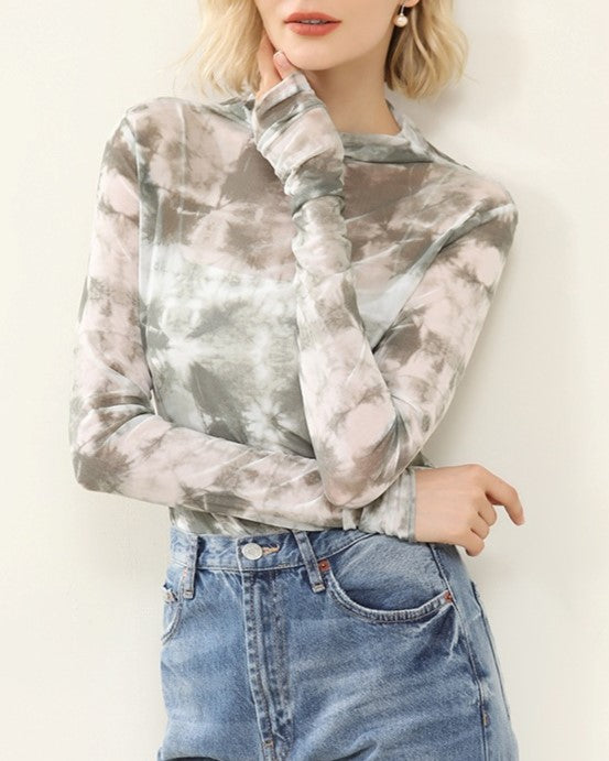 Sheer Mesh Tie Dye Mock Neck Top
